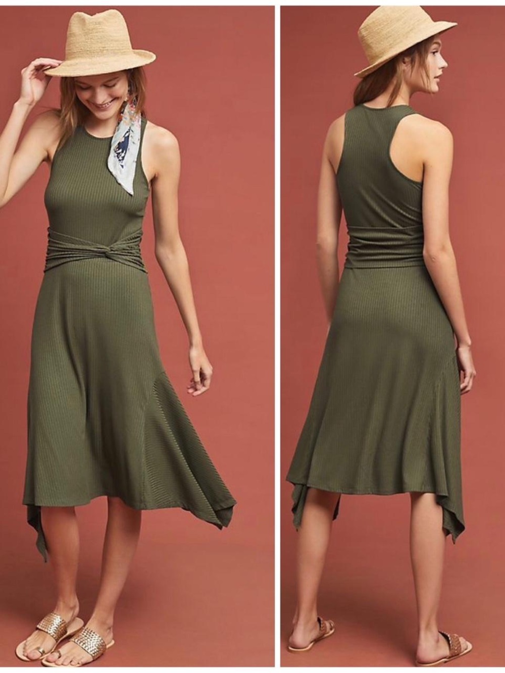 Anthropologie Size M Olive Green Kingsolver Ribbed Tank Midi Dress